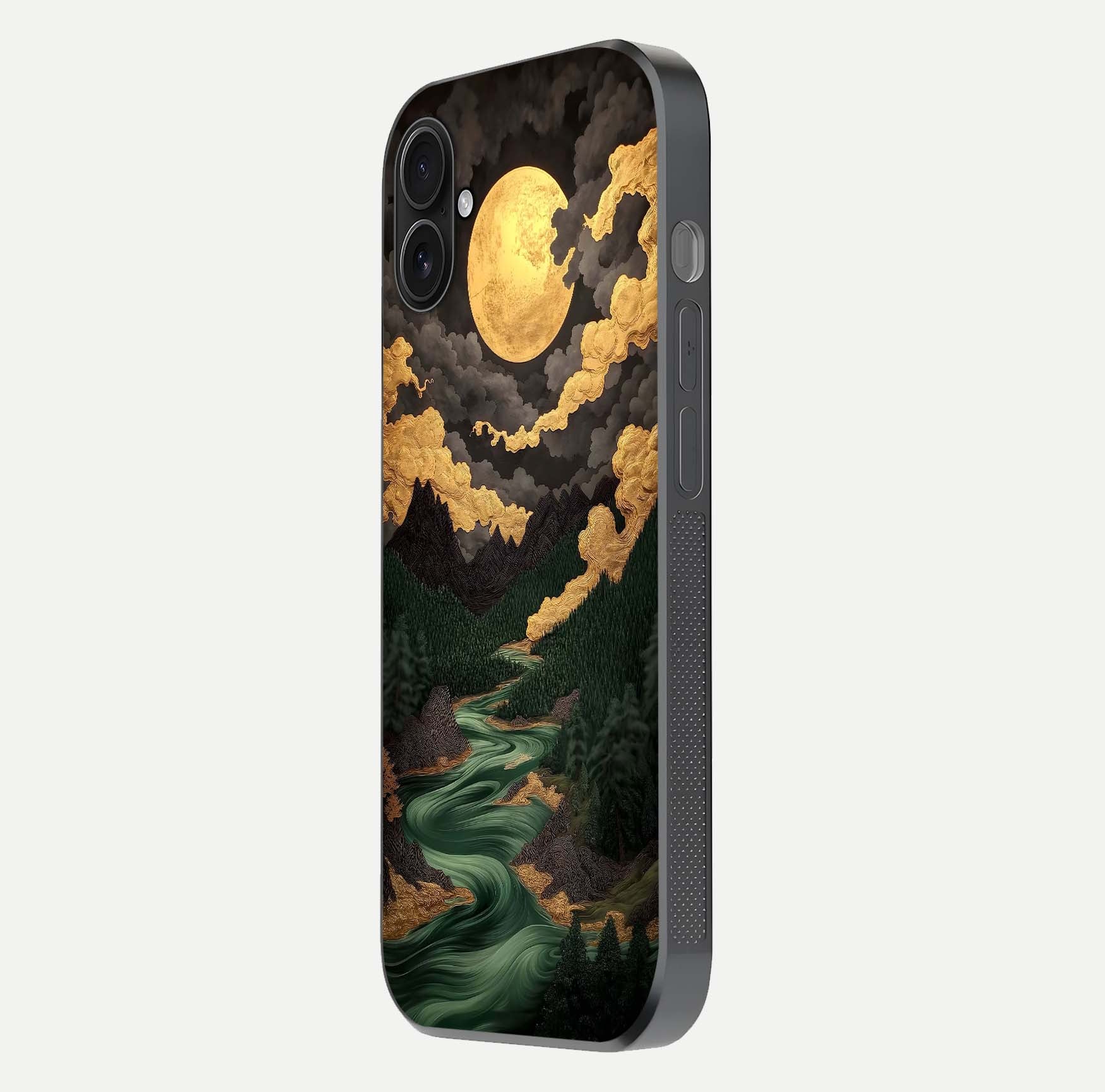 Golden River Moon Glass Case for iPhone 16 Plus side-angle image showing reflection clarity and detailed nightscape