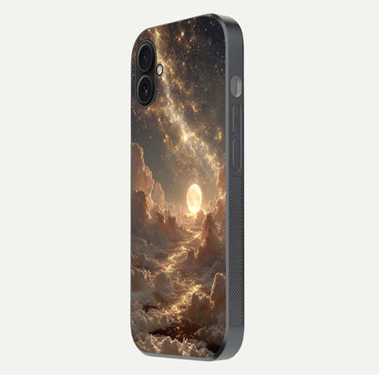 Golden Sky Dream Glass Case for iPhone 16 Plus side-angle image showing reflection shine and smooth surface