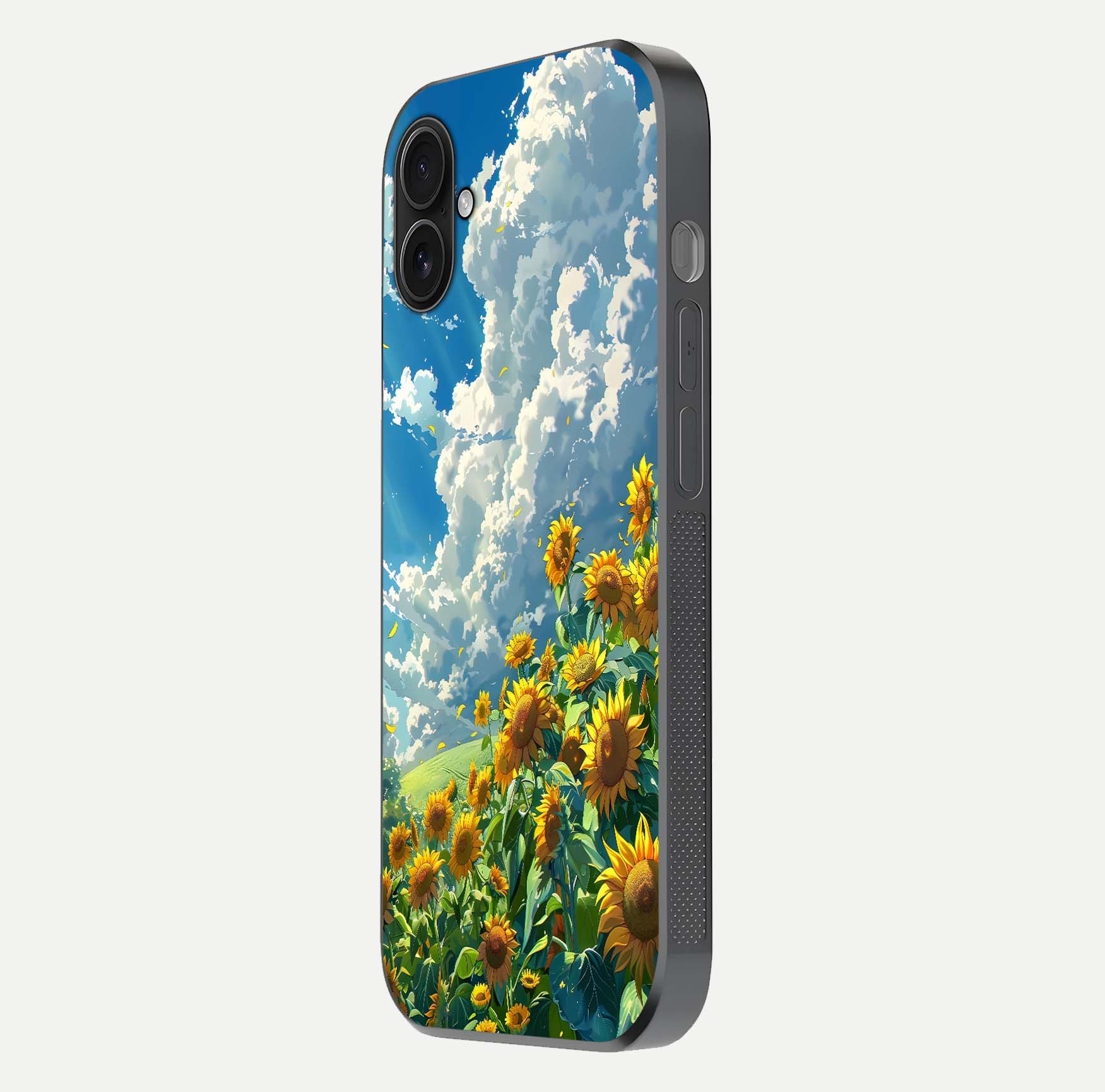 Golden Sun Glory Glass Case for iPhone 16 Plus side-angle image showing reflection glow and luminous texture