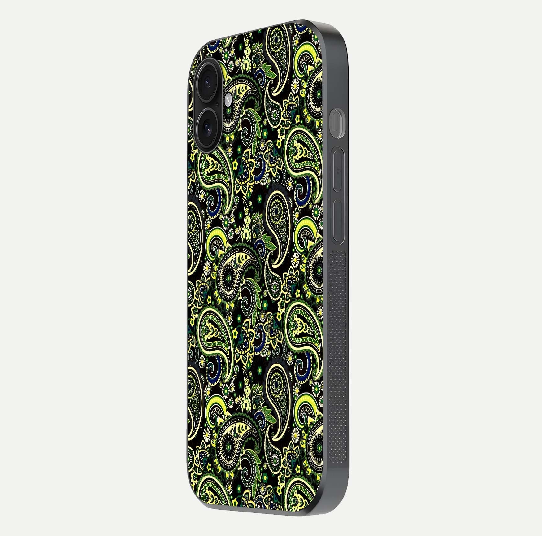 Green Mandala Pattern Glass Case for iPhone 16 Plus side-angle image showing reflection clarity and detailed pattern lines