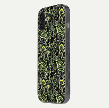 Green Mandala Pattern Glass Case for iPhone 16 Plus side-angle image showing reflection clarity and detailed pattern lines