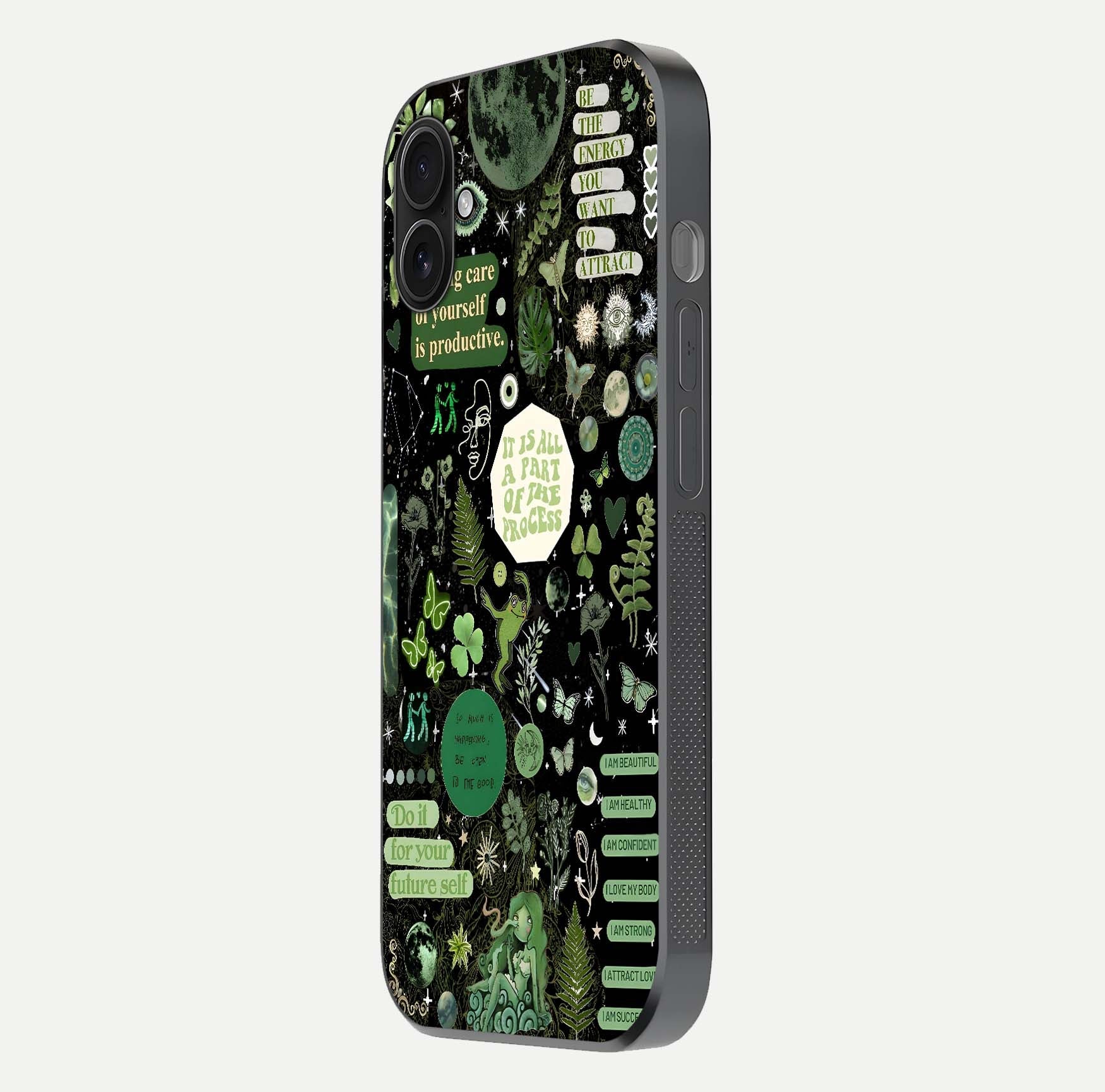 Green Moon Energy Glass Case for iPhone 16 Plus side-angle image showing reflection brilliance and curved finish