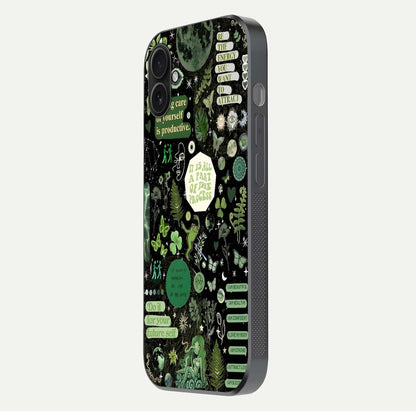 Green Moon Energy Glass Case for iPhone 16 Plus side-angle image showing reflection brilliance and curved finish