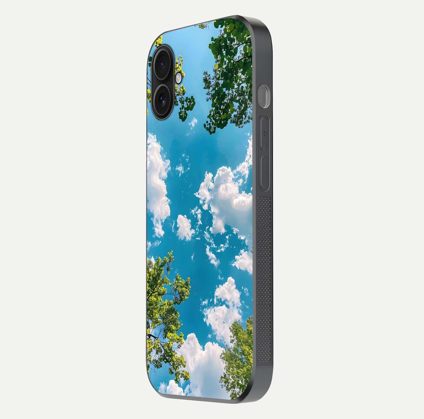Greenery Sky Glass Case for iPhone 16 Plus side-angle image showing reflection glow and nature-themed pattern