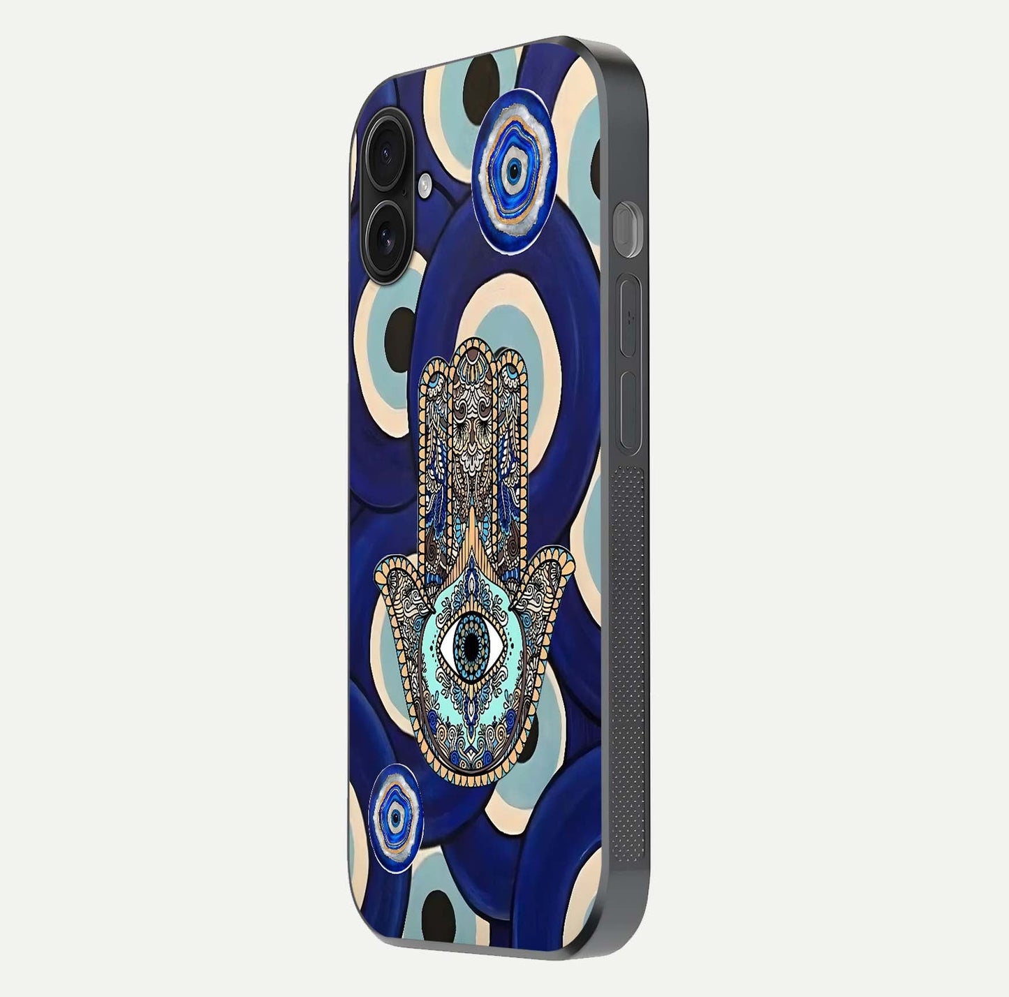 Hamsa Divine Guard Glass Case for iPhone 16 Plus side-angle image showing reflection brilliance and protective design