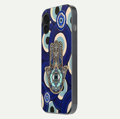 Hamsa Divine Guard Glass Case for iPhone 16 Plus side-angle image showing reflection brilliance and protective design