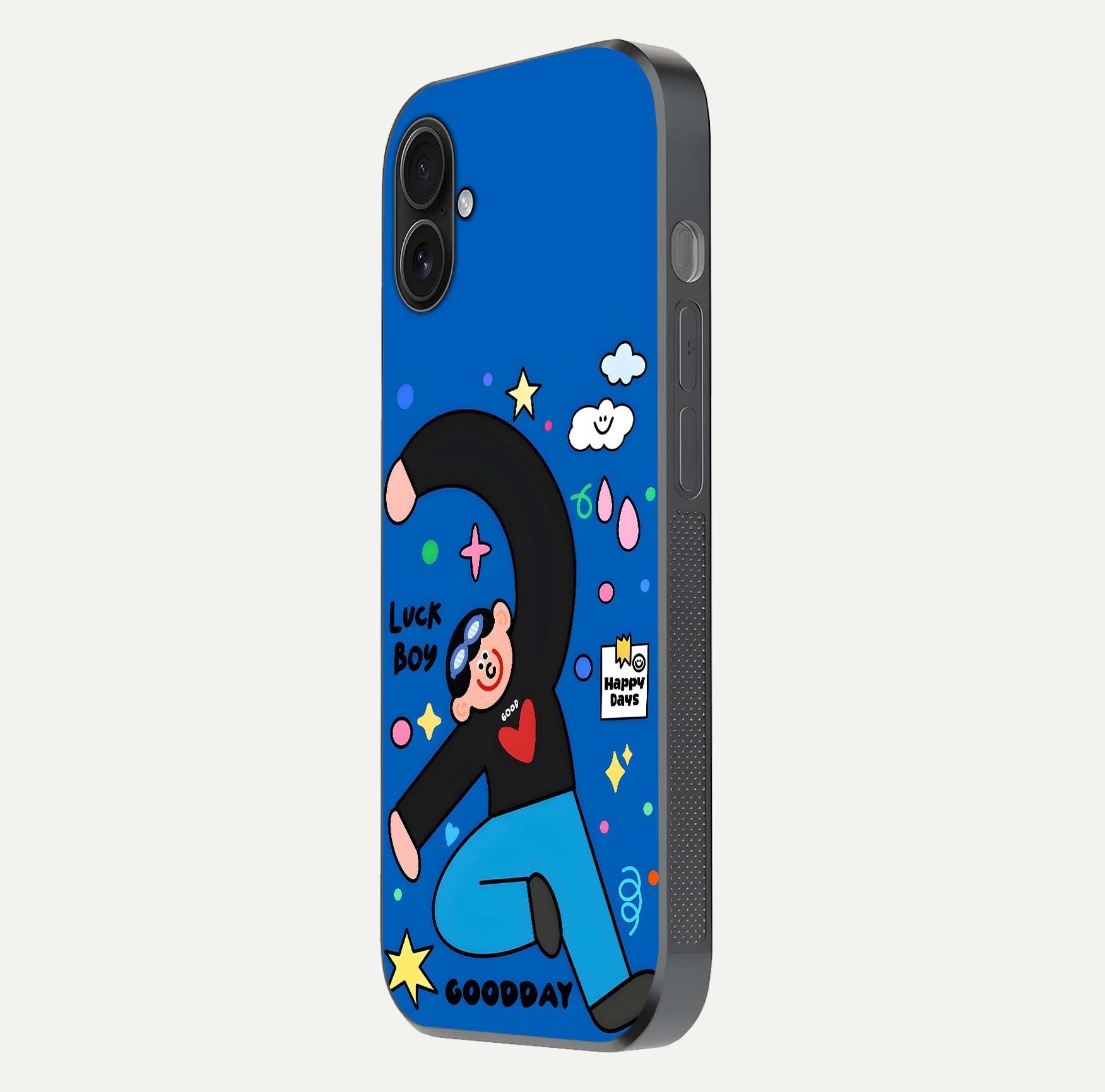 Happy Luck Vibe Glass Case for iPhone 16 Plus side-angle image showing reflection polish and vivid charm design