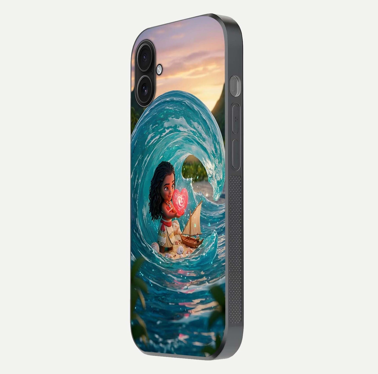 Heart of Ocean Glass Case for iPhone 16 Plus side-angle image showing reflection clarity and deep ocean texture