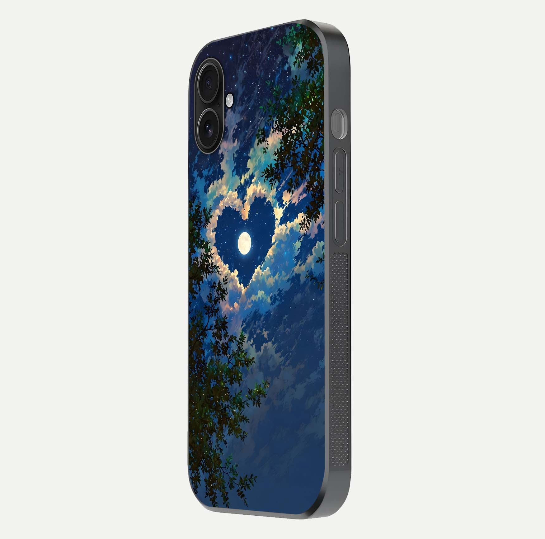 Heart with Moon Sky Glass Case for iPhone 16 Plus side-angle image showing reflection brightness and soft tone finish
