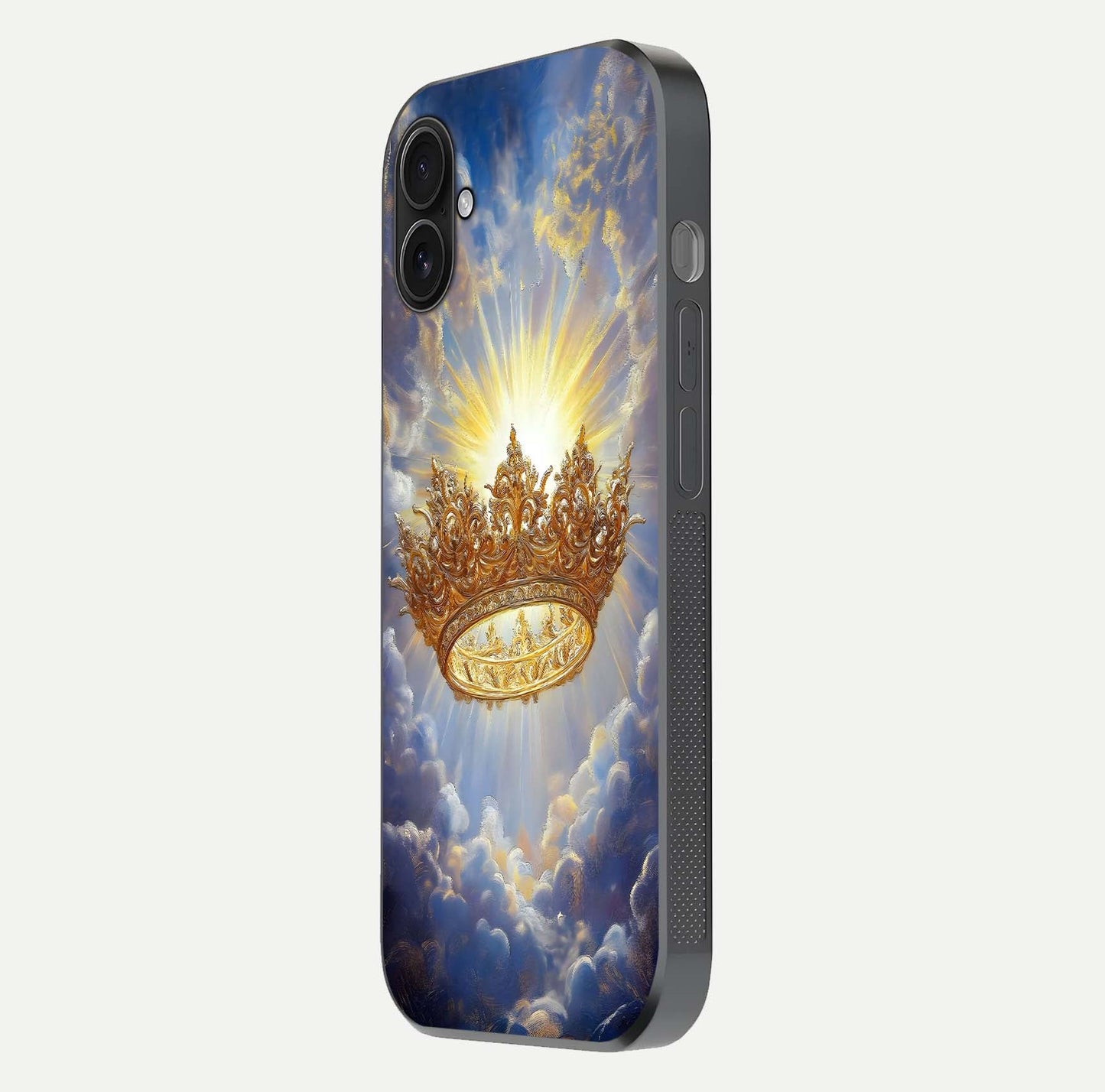 Heavenly Crown Light Glass Case for iPhone 16 Plus side-angle image showing reflection brilliance and elegant divine art