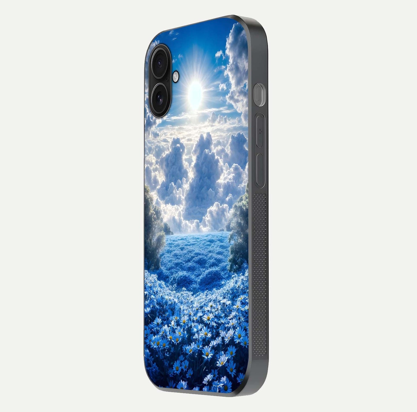 Heavenly Daisy Horizon Glass Case for iPhone 16 Plus side-angle image showing reflection depth and floral glow