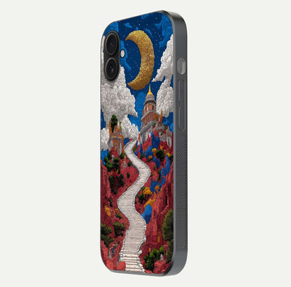 Heavenly Moon Path Glass Case for iPhone 16 Plus side-angle image showing reflection clarity and serene moon glow