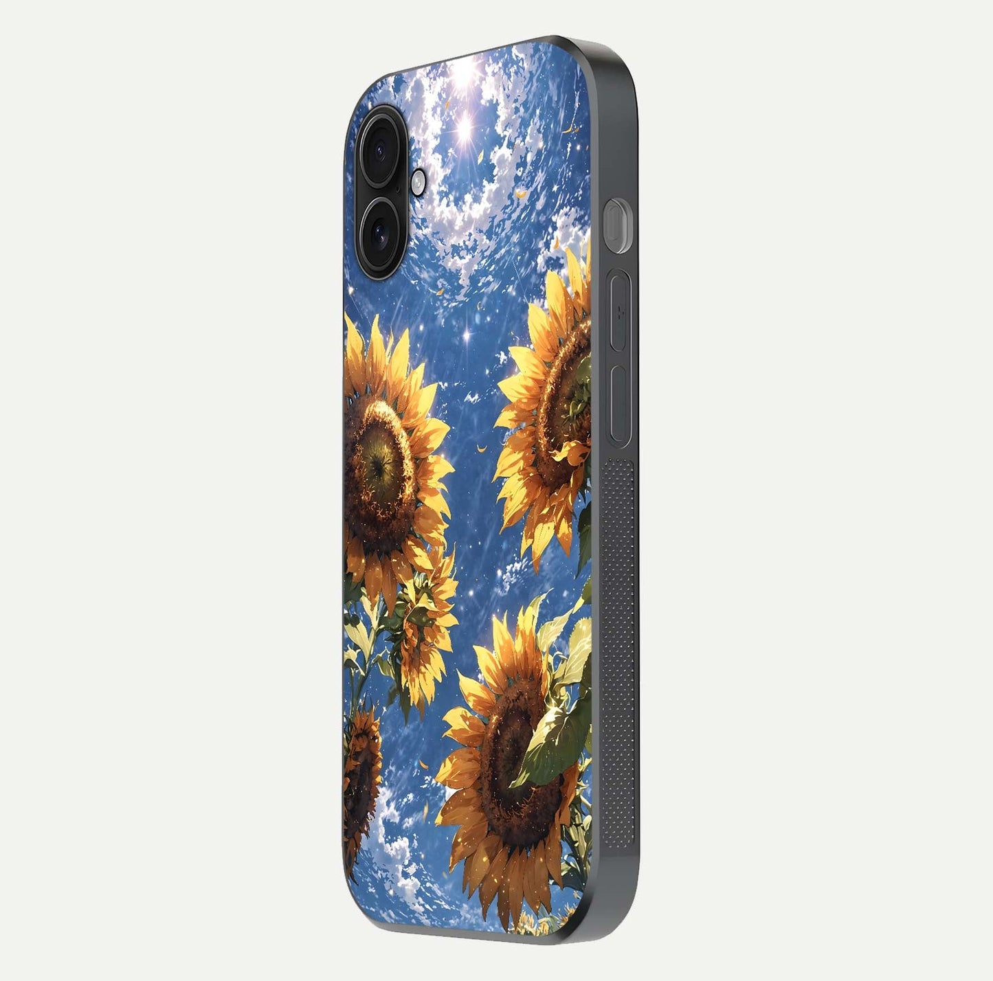 Heavenly Sunflower Rise Glass Case for iPhone 16 Plus side-angle image showing reflection glow and soft yellow tone