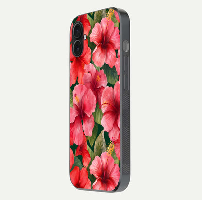 Hibiscus Pattern Glass Case for iPhone 16 Plus side-angle image showing reflection brightness and floral detailing