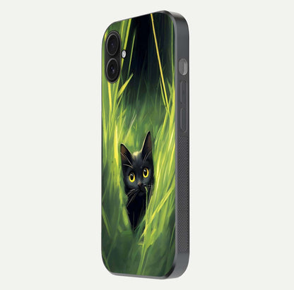 Hidden Cat Whisper Glass Case for iPhone 16 Plus side-angle image showing reflection glow and subtle artistic texture