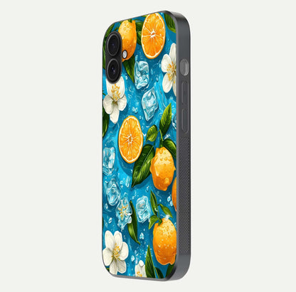 Ice Cube With Orange Glass Case for iPhone 16 Plus side-angle image showing reflection brightness and juicy pattern detail