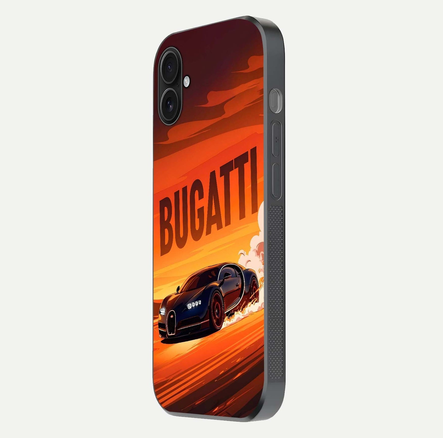 Inferno Bugatti Storm Glass Case for iPhone 16 Plus side-angle image showing reflection glow and vibrant red tones