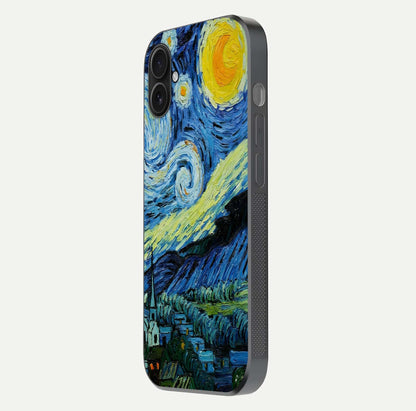 Inspired Van Gogh Art Glass Case for iPhone 16 Plus side-angle image showing reflection brilliance and painted surface look