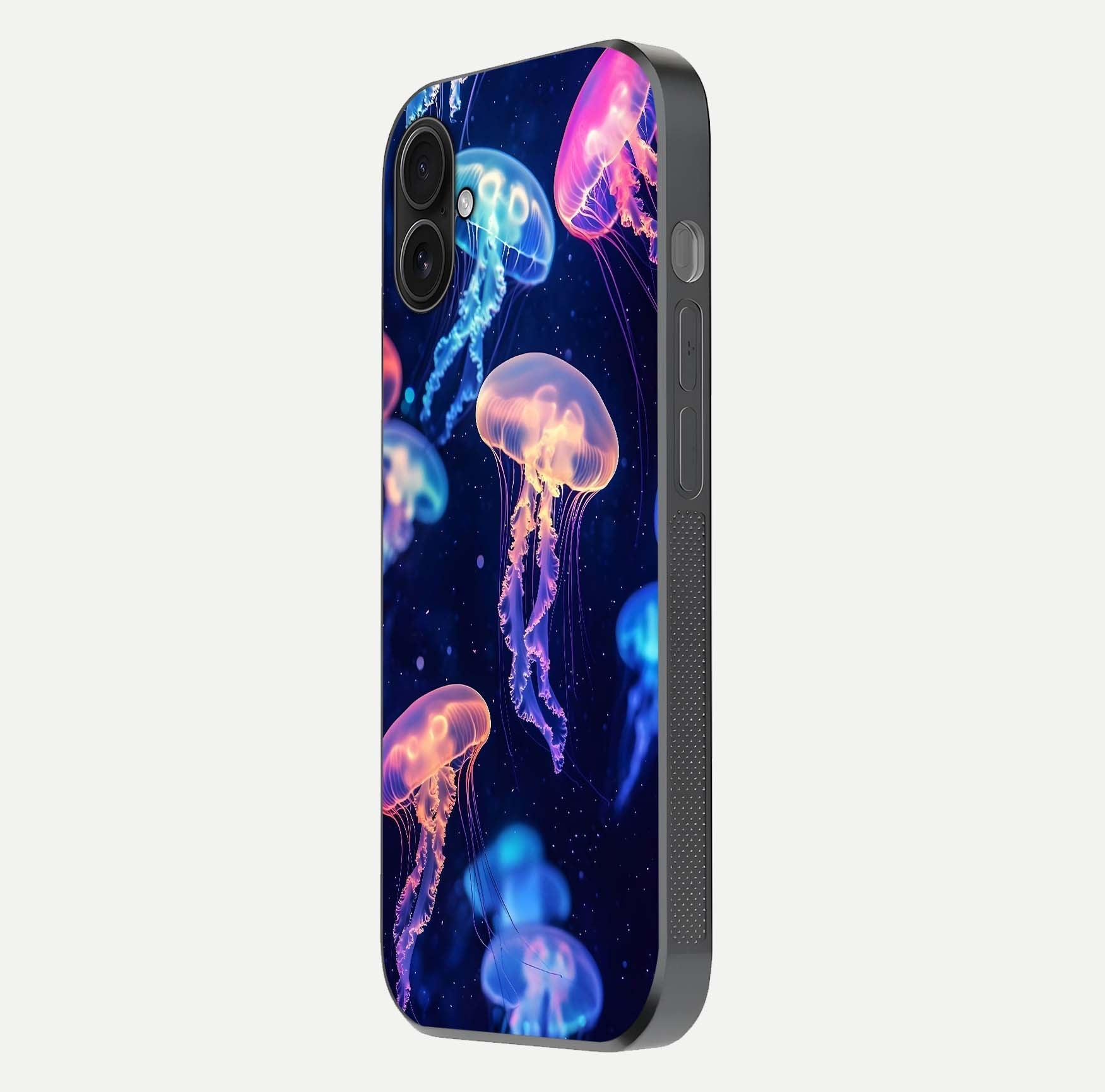 Jellyfish Pattern Glass Case for iPhone 16 Plus side-angle image showing reflection glow and soft water-blue gradient
