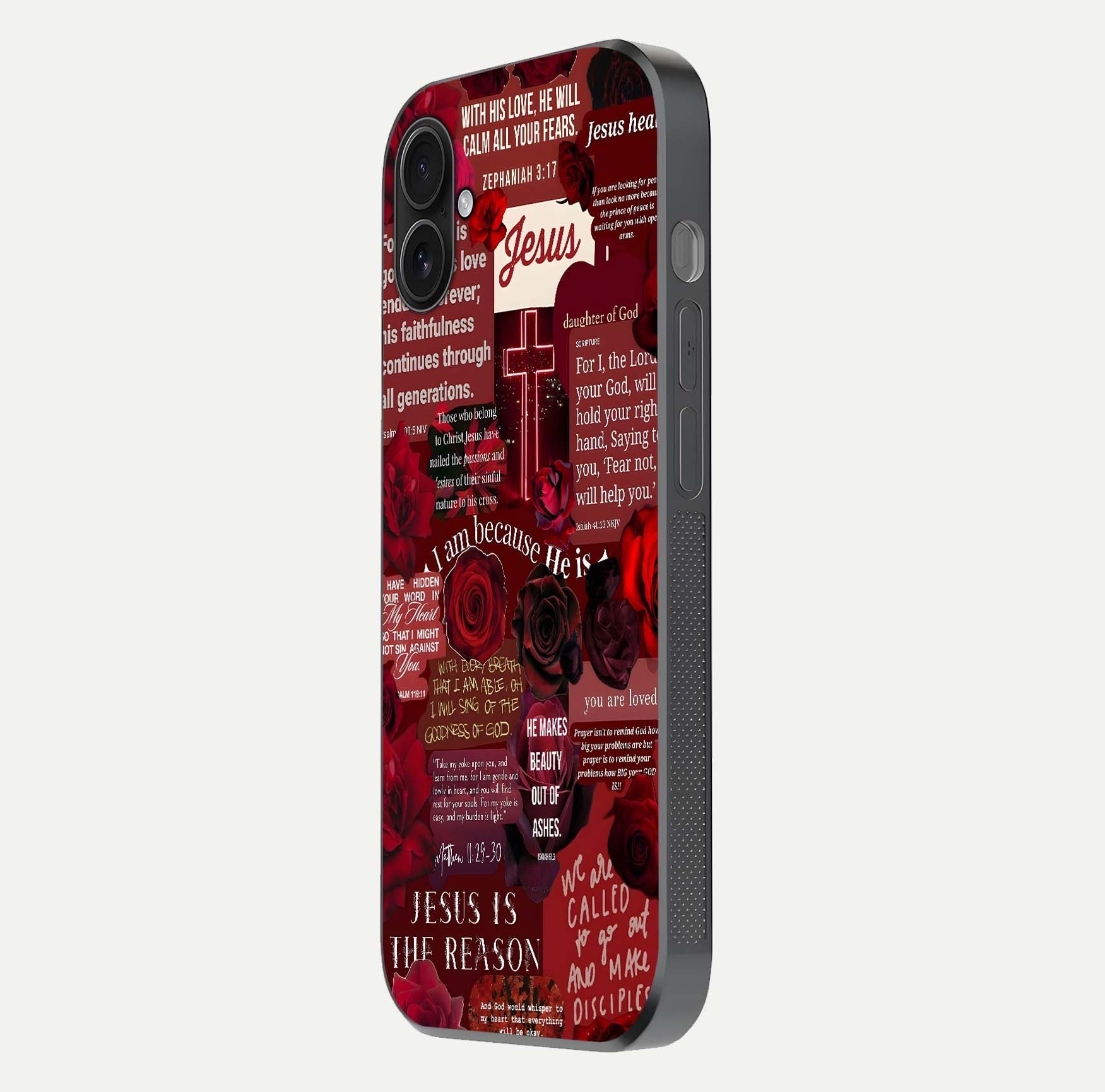 Jesus Love Heals Glass Case for iPhone 16 Plus side-angle image highlighting gloss depth and spiritual aura