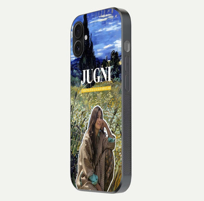 Jugni Soul Vibes Glass Case for iPhone 16 Plus side-angle image with stylish typography and HD finish