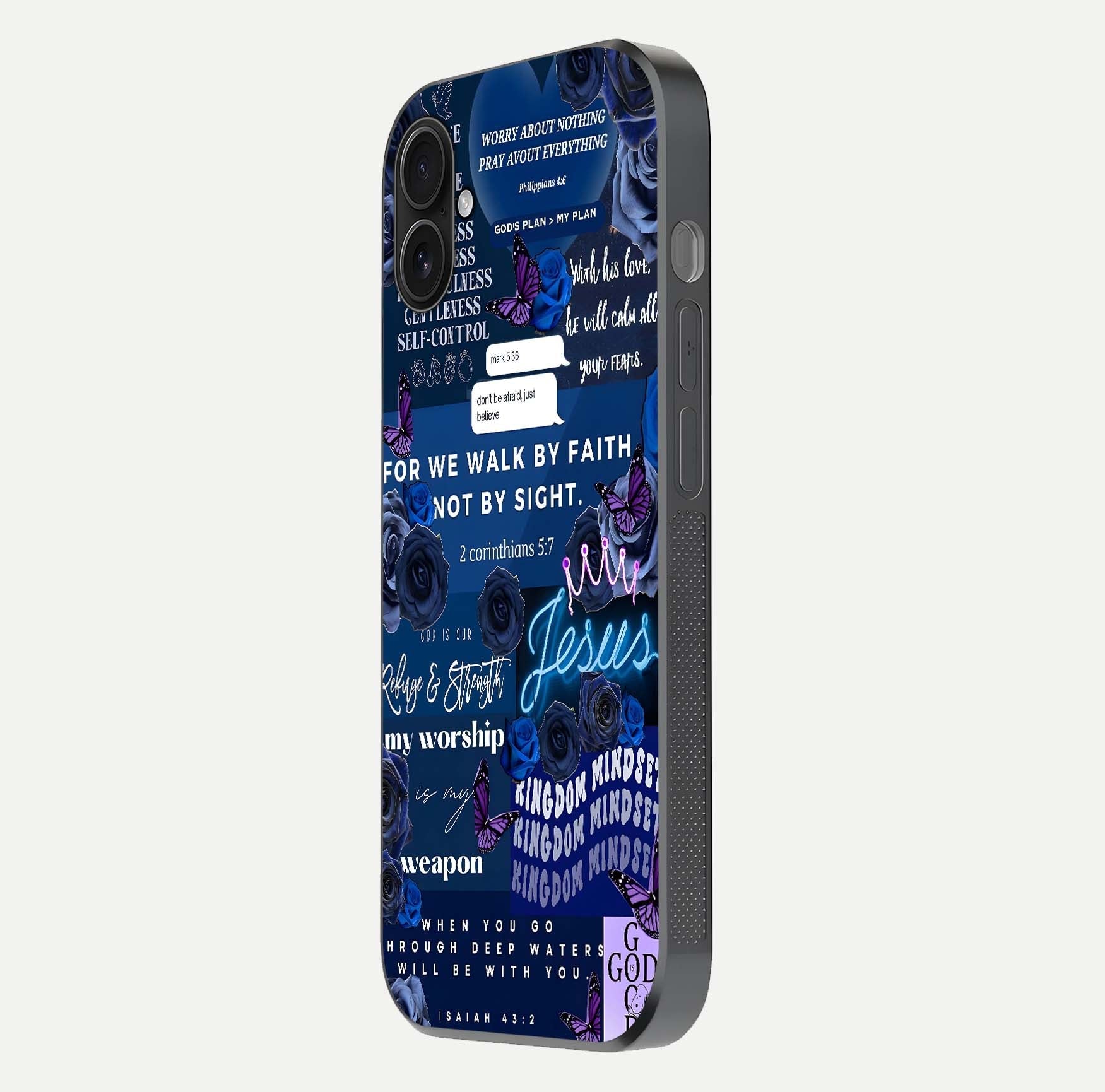 Kingdom Faith Glow Glass Case for iPhone 16 Plus side-angle image with reflective cross and faith glow