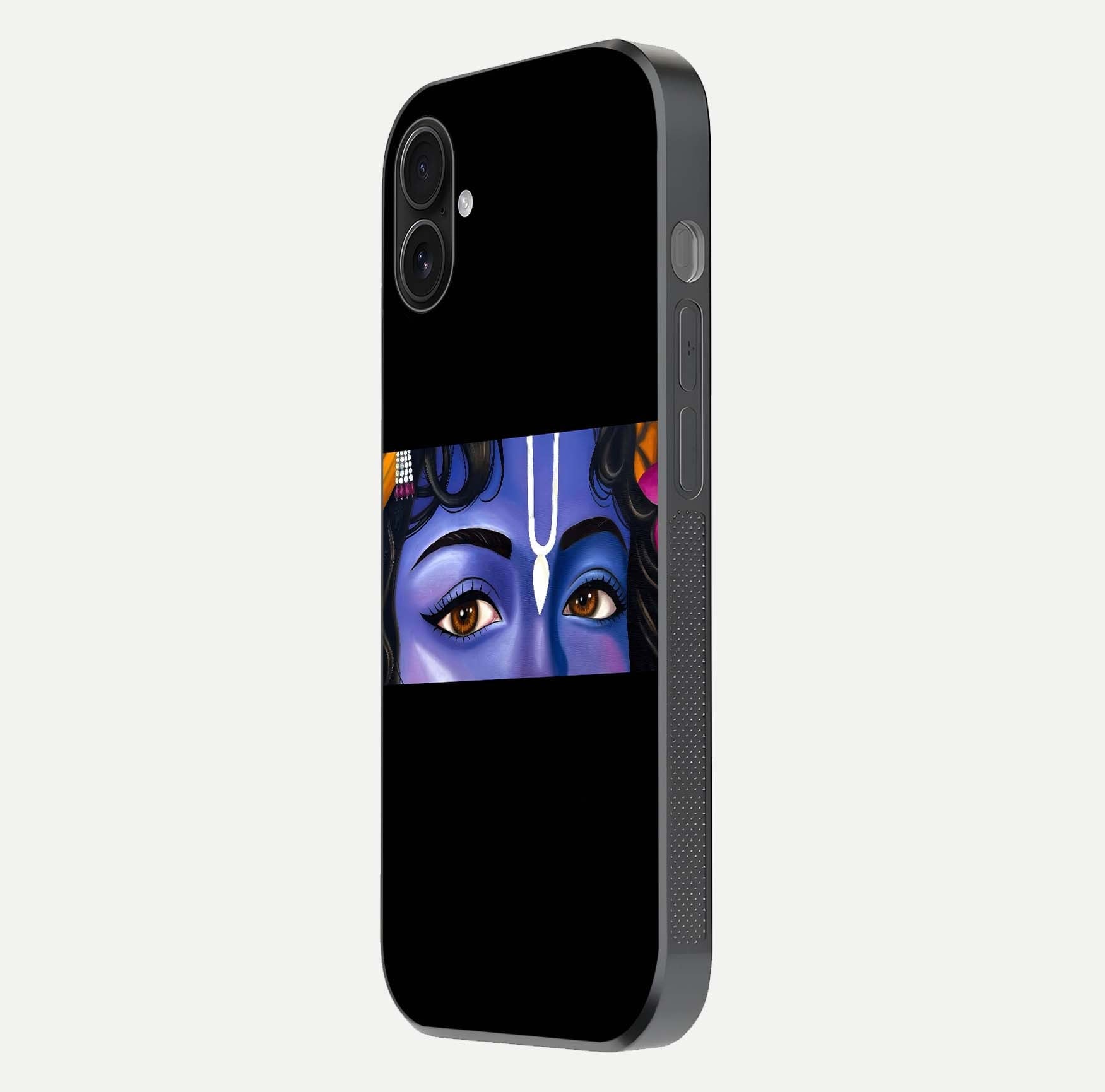 Krishna Eye Glass Case for iPhone 16 Plus side-angle image showing reflection clarity and Krishna symbol design