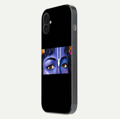 Krishna Eye Glass Case for iPhone 16 Plus side-angle image showing reflection clarity and Krishna symbol design