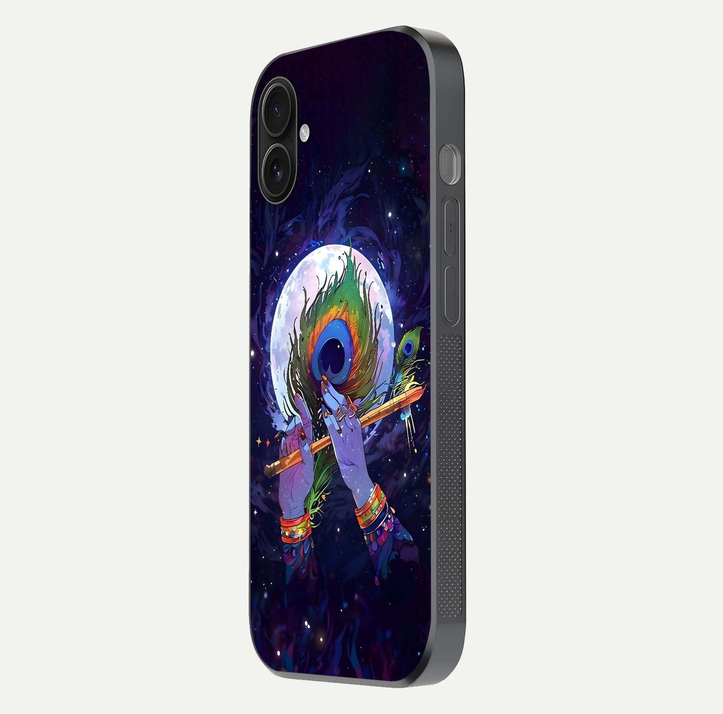 Krishna Hands Art Glass Case for iPhone 16 Plus side-angle image highlighting reflection brightness and vivid print
