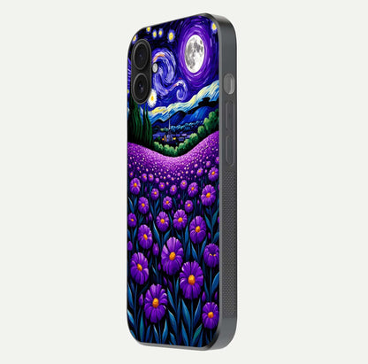Lavender Moon Field Glass Case for iPhone 16 Plus side-angle image showing HD reflection and moonlit lavender art