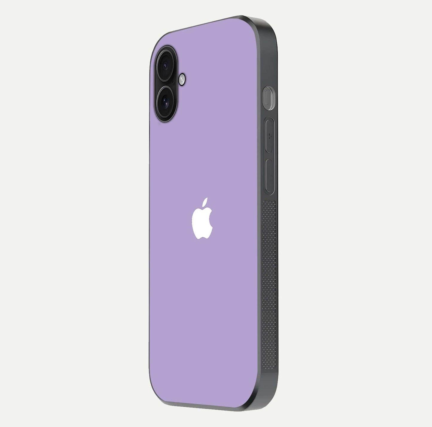 Lavender Soft Minimal Glass Case for iPhone 16 Plus side-angle image showing smooth reflection and minimal look