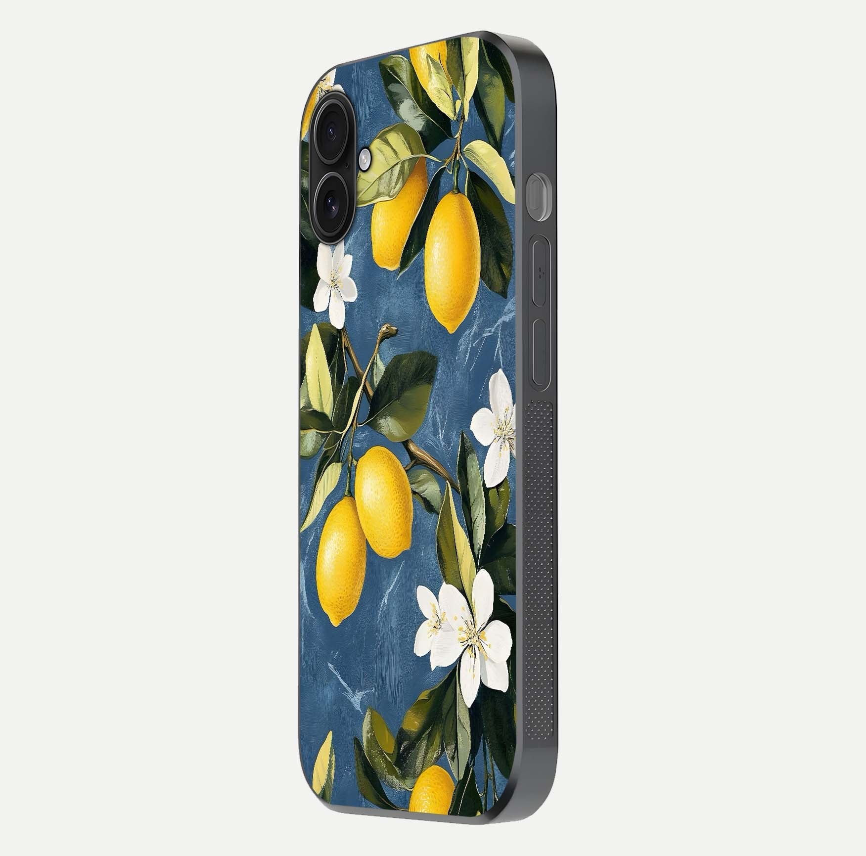 Lemon Dream Garden Glass Case for iPhone 16 Plus side-angle image showing reflection clarity and artistic fruit design
