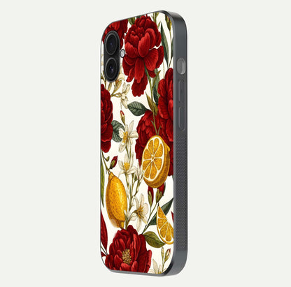 Lemon Rose Charm Glass Case for iPhone 16 Plus side-angle image revealing reflection depth and vibrant flower art
