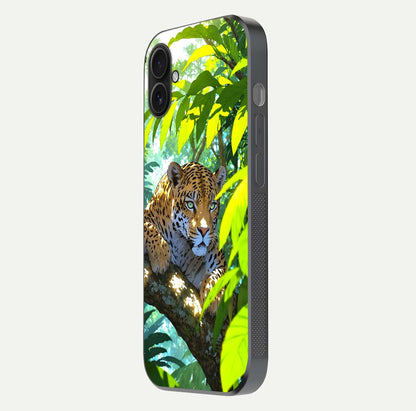 Leopard in Jungle Glass Case for iPhone 16 Plus side-angle shot emphasizing contrast and fierce design clarity