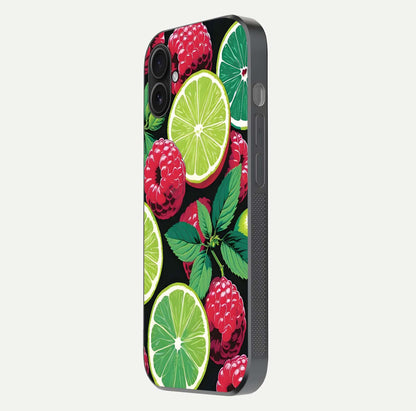 Lime and Raspberry Pattern Glass Case for iPhone 16 Plus side-angle view revealing colorful fruit artwork details