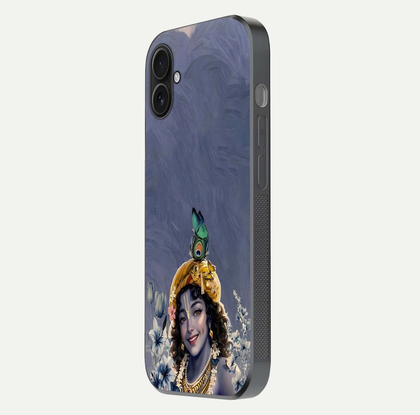 Lord Krishna Glass Case for iPhone 16 Plus side-angle image emphasizing premium reflection and sacred motif