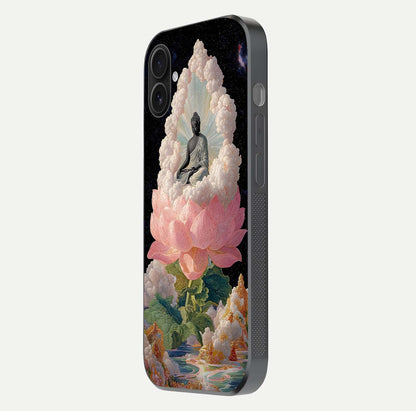 Lotus Divine Peace Glass Case for iPhone 16 Plus side-angle shot showing elegant shine and floral symmetry