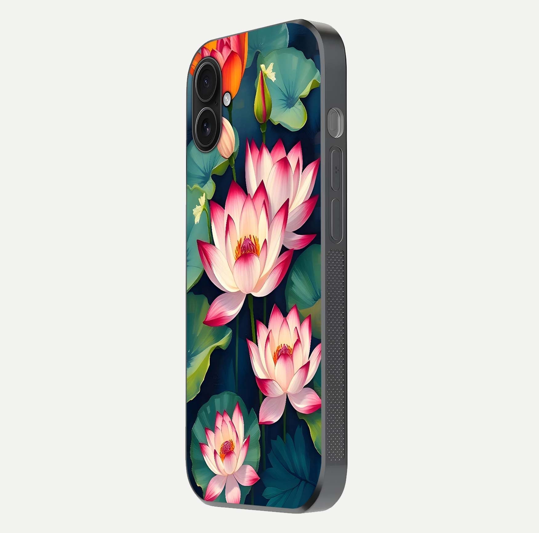 Lotus Dream Serenity Glass Case for iPhone 16 Plus side-angle image revealing reflection clarity and calm tones