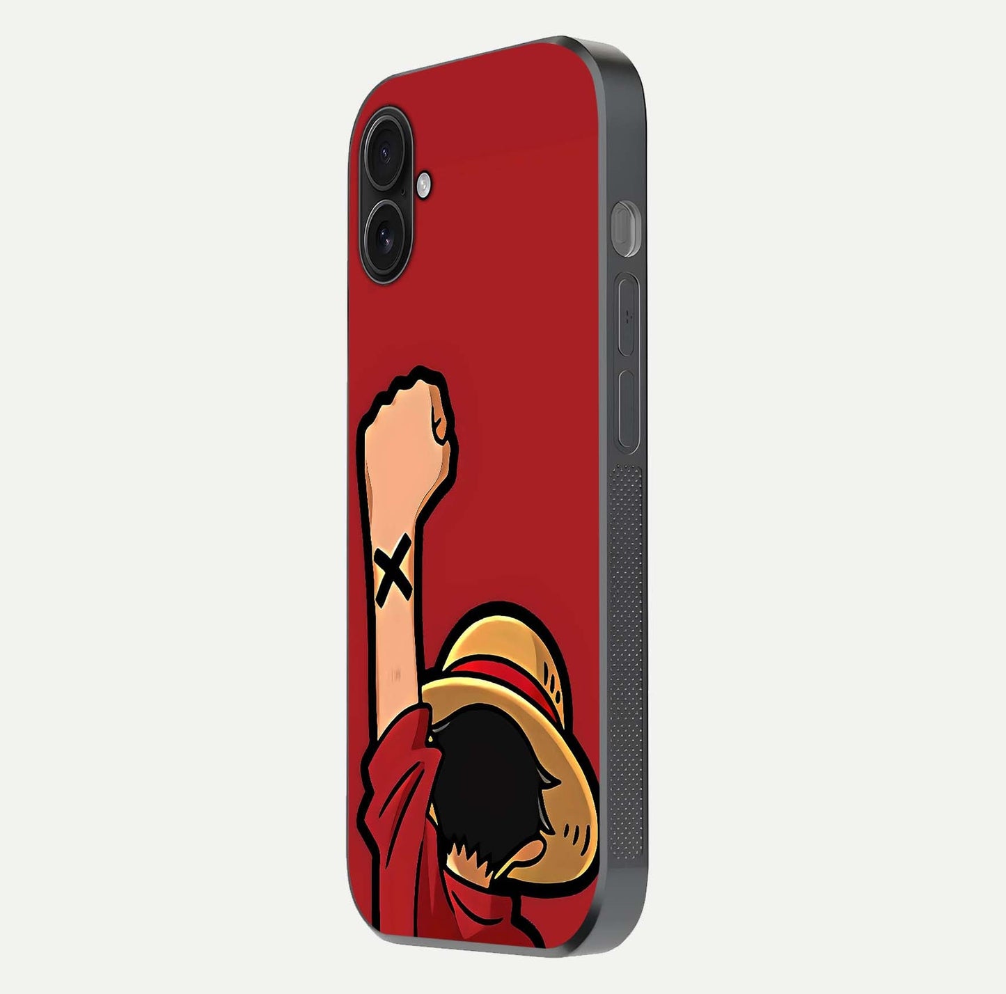 Luffy X Spirit Glass Case for iPhone 16 Plus side-angle image highlighting reflection strength and anime print