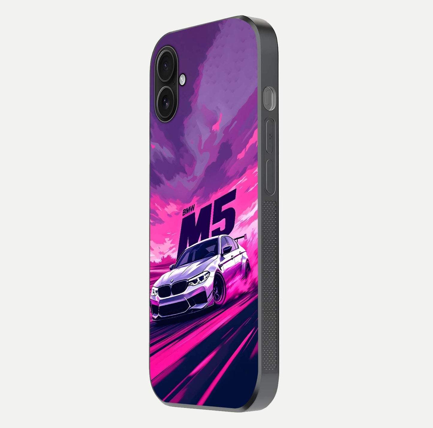 MS Neon Car Glass Case for iPhone 16 Plus side-angle image showing glow reflection and car detailing