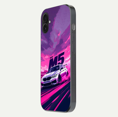 MS Neon Car Glass Case for iPhone 16 Plus side-angle image showing glow reflection and car detailing