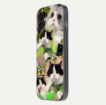 Matcha Cats Mood Glass Case for iPhone 16 Plus side-angle image showing shine clarity and cat pattern charm