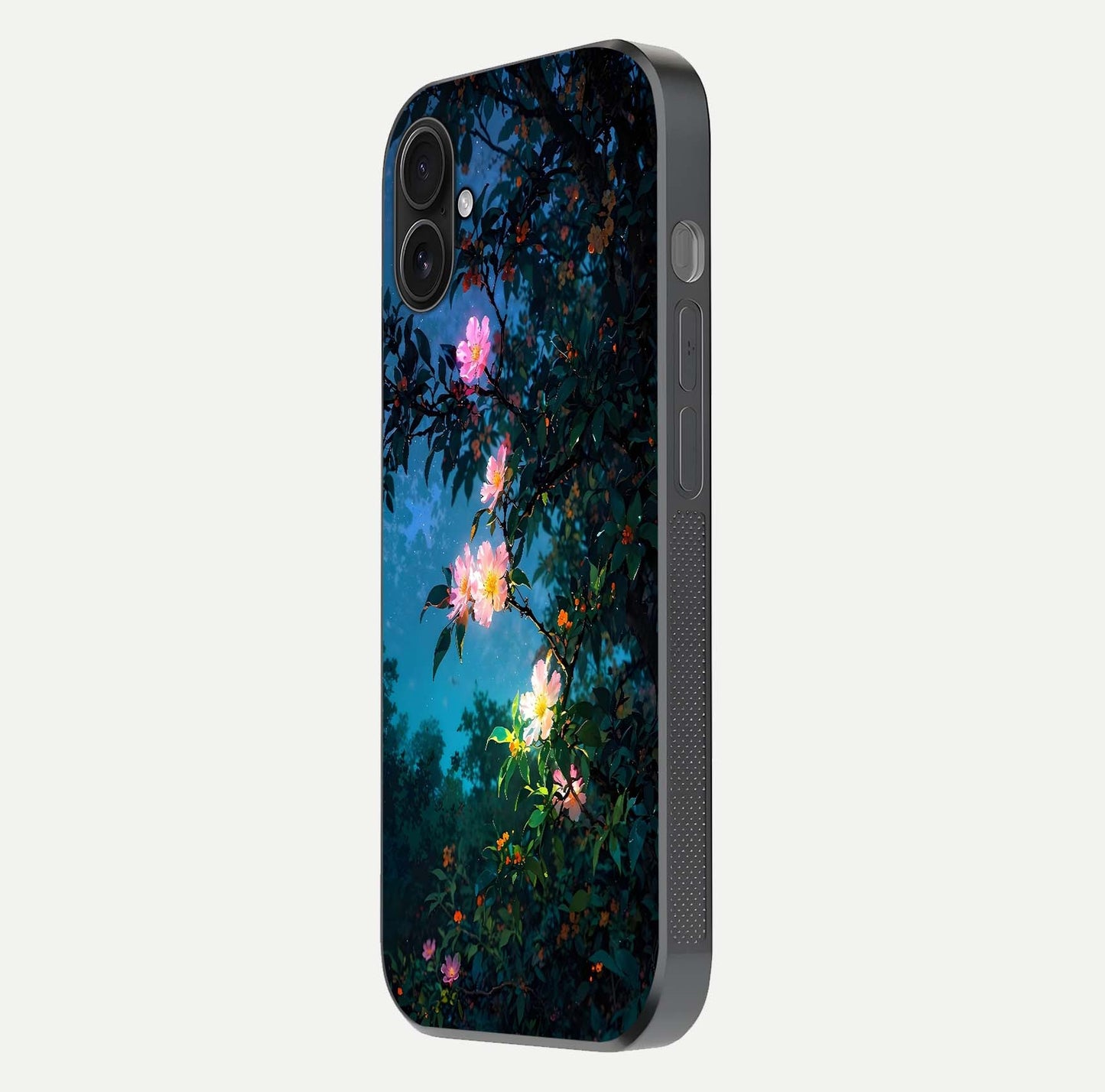 Midnight Bloom Glow Glass Case for iPhone 16 Plus side-angle image revealing reflection and deep midnight hues