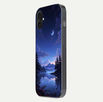 Midnight Lake Peace Glass Case for iPhone 16 Plus side-angle image showing HD shine and tranquil color tones