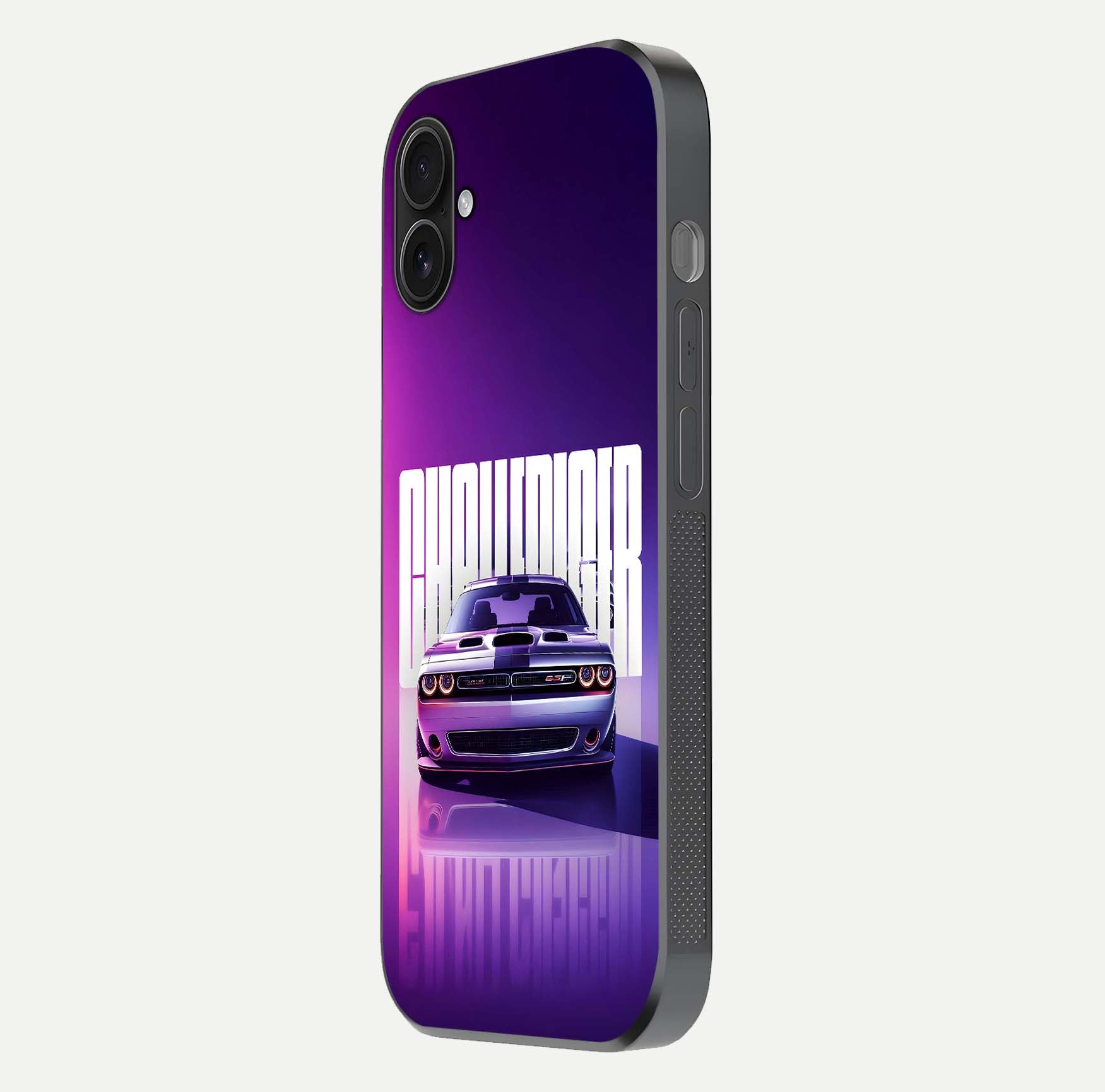 Midnight Muscle Ride Glass Case for iPhone 16 Plus side-angle image showing reflection clarity and bold design