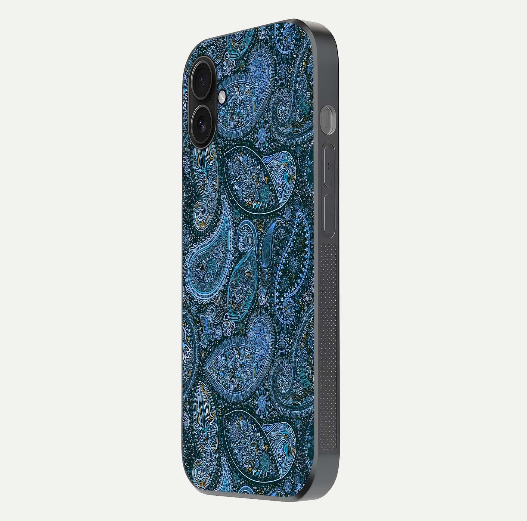 Midnight Paisley Glow Glass Case for iPhone 16 Plus side-angle image revealing reflective gloss and paisley art