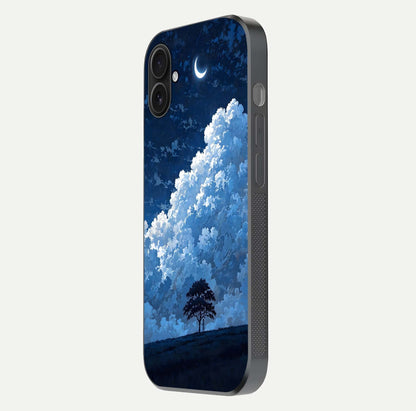 Midnight Sky Serenity Glass Case for iPhone 16 Plus side-angle image showing soft glow and smooth reflection