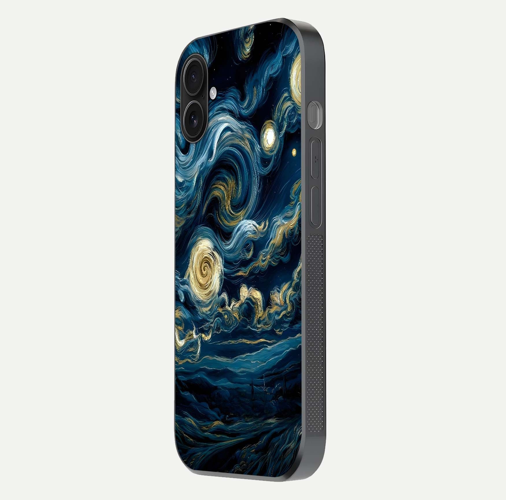 Midnight Sky Whirl Glass Case for iPhone 16 Plus side-angle image showing reflection depth and galaxy pattern
