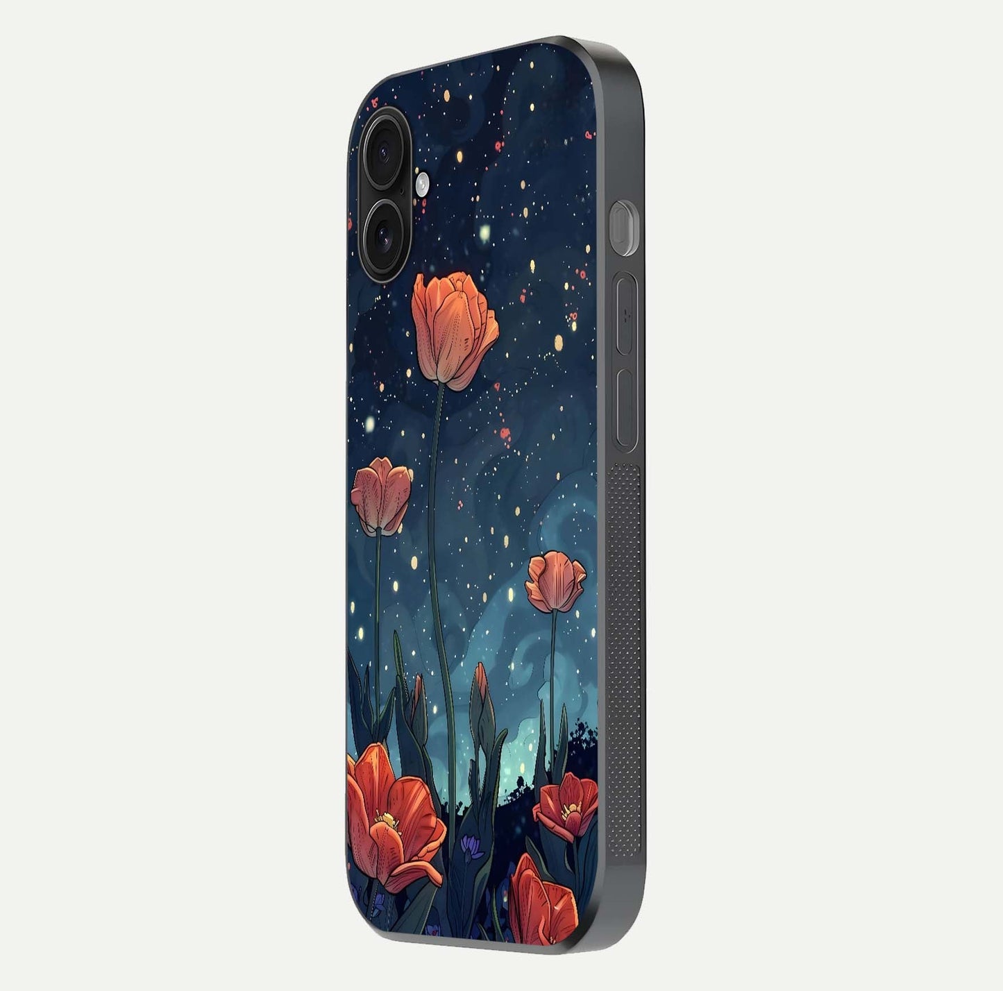 Midnight Tulip Glow Glass Case for iPhone 16 Plus side-angle image showing shine depth and flower artwork