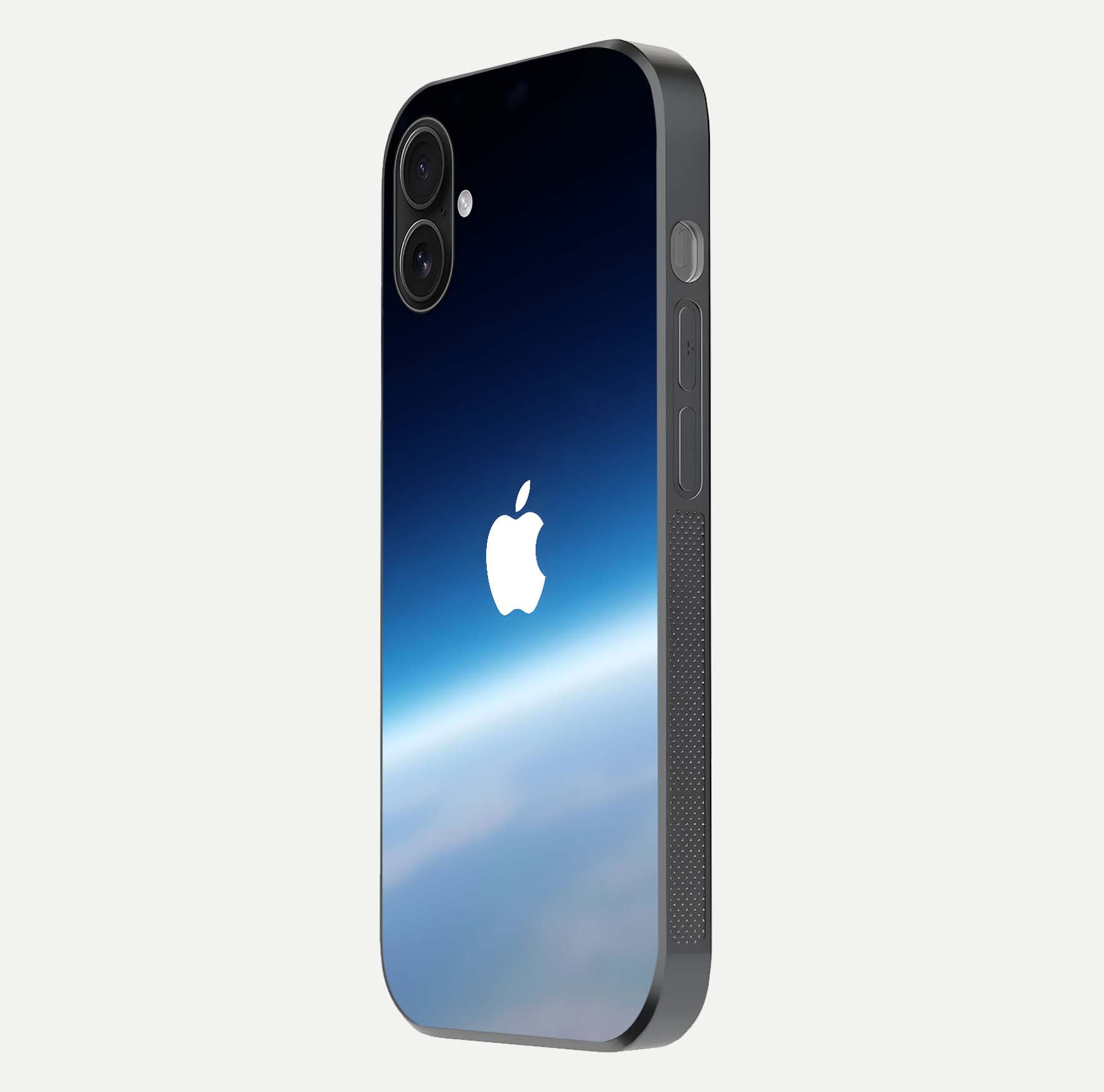 Minimal Apple Sky Glass Case for iPhone 16 Plus side-angle image showing smooth reflection and gentle sky tone